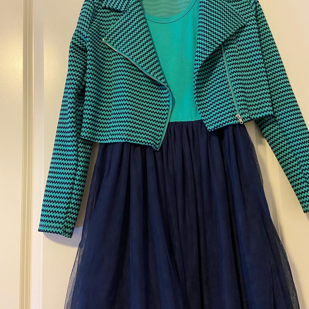 Navy turquoise 2piece sleeves dress & jacket kids